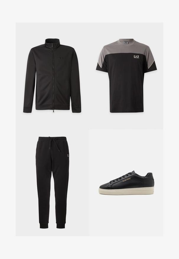 Veste noire zippée intégralement avec col montant, manches longues, poches latérales et petit logo sur la poitrine gauche.; T-shirt manches courtes noir et gris EA7 Emporio Armani avec logo sur la poitrine et bord blanc aux manches.; Pantalon de survêtement noir fuselé avec taille élastique, cordon, poches latérales et poignets côtelés, présenté sur fond uni.; Sneaker en cuir noir avec une finition lisse, semelle crème contrastante, bout arrondi, logo doré sur le côté et six œillets pour les lacets.