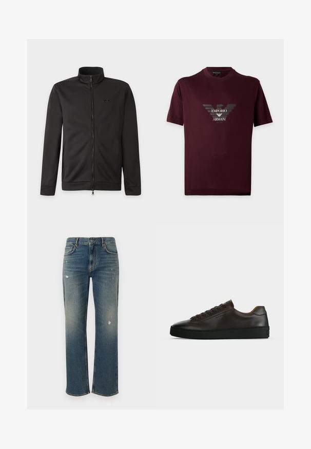 Veste noire zippée intégralement avec col montant, manches longues, poches latérales et petit logo sur la poitrine gauche.; T-shirt bordeaux à manches courtes avec logo Emporio Armani Milano et motif aigle en gris et blanc sur le devant.; Jeans en denim bleu moyen avec une coupe droite, présentant des décolorations légères et des patches usés. Design classique à cinq poches et fermeture par bouton supérieur.; Baskets basses en cuir marron foncé avec semelle en caoutchouc noire, lacets à l'avant et design minimaliste épuré sur fond clair.