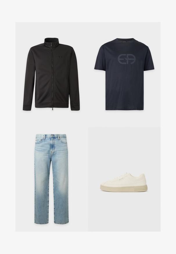 Veste noire zippée intégralement avec col montant, manches longues, poches latérales et petit logo sur la poitrine gauche.; T-shirt bleu marine foncé à manches courtes, col rond, avec un grand logo discret imprimé au centre devant.; Jeans en denim bleu clair à coupe droite avec poches avant, passants pour ceinture et fermeture par bouton.; Baskets en toile blanches avec une semelle en caoutchouc texturée, présentant un capuchon de chaussure cousu et un accent de logo sur le talon. Design simple à lacets.