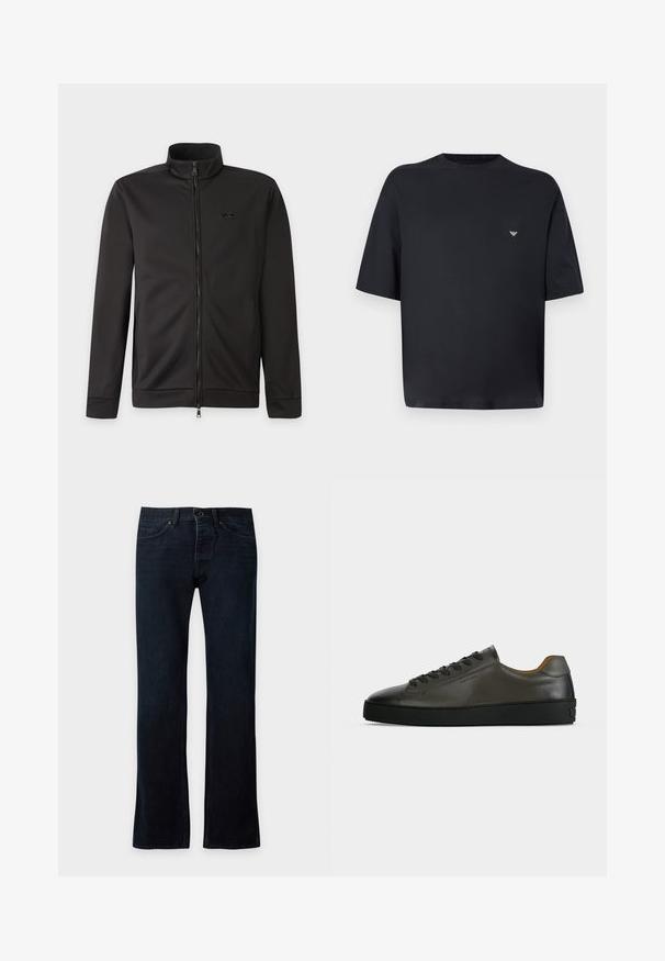 Veste noire zippée intégralement avec col montant, manches longues, poches latérales et petit logo sur la poitrine gauche.; T-shirt noir oversize à manches courtes avec petit logo blanc sur le côté gauche de la poitrine, présenté sur un fond gris clair.; Jean denim bleu foncé droit avec fermeture bouton et zip à l'avant, poches avant et arrière, présenté à plat sur un fond clair.; Basket basse en cuir gris foncé avec lacets et semelle noirs, design minimaliste, profil latéral sur un fond clair uni.