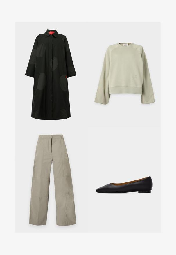 Long manteau noir avec de grands pois sombres subtils, manches larges, fermeture avant dissimulée et col, avec une étiquette intérieure rouge.; Sweat-shirt beige clair à col rond, manches longues et larges, poignets et ourlet côtelés, et petit logo discret sur le bas avant gauche.; Pantalon beige à jambes larges avec taille haute, passants pour ceinture, détails de coutures frontales et fermeture avant cachée.; Chaussure plate en cuir noir à bout pointu avec talon bas et finition lisse, vue de côté sur un fond gris clair.