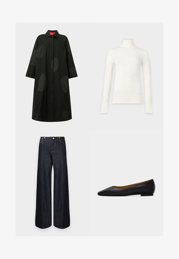 Long manteau noir avec de grands pois sombres subtils, manches larges, fermeture avant dissimulée et col, avec une étiquette intérieure rouge.; Chemise blanche à col roulé manches longues ajustée, présentée sur un fond gris clair.; Jean bleu foncé à jambes larges avec poches avant, passants pour ceinture et coutures orange, présenté sur un fond blanc uni.; Chaussure plate en cuir noir à bout pointu avec talon bas et finition lisse, vue de côté sur un fond gris clair.