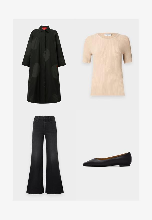 Long manteau noir avec de grands pois sombres subtils, manches larges, fermeture avant dissimulée et col, avec une étiquette intérieure rouge.; Haut en maille côtelé beige à manches courtes, col rond, coupe ajustée et étiquette "Tiger of Sweden" visible à l'intérieur du col.; Jean noir à jambes larges en denim, doté d'une taille mi-haute, d'un design à cinq poches et d'une texture subtile en surface.; Chaussure plate en cuir noir à bout pointu avec talon bas et finition lisse, vue de côté sur un fond gris clair.