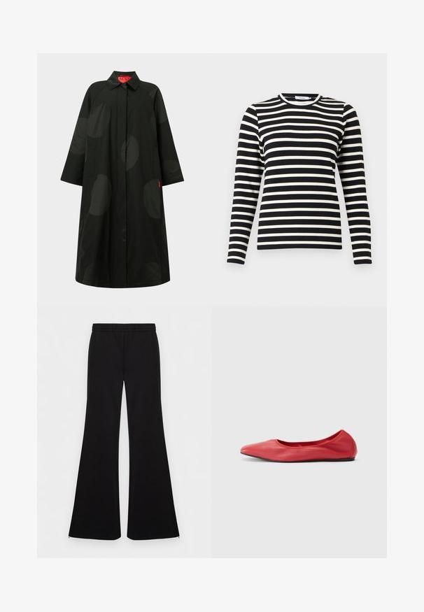 Long manteau noir avec de grands pois sombres subtils, manches larges, fermeture avant dissimulée et col, avec une étiquette intérieure rouge.; Haut en maille à rayures horizontales noires et blanches à manches longues, avec un col rond et une silhouette ajustée.; Pantalon noir évasé avec taille élastique et fermetures éclair aux chevilles, devant plat, tissu lisse, présenté sur un fond blanc uni.; Filippa K REY FLATS - Ballerines - bright red