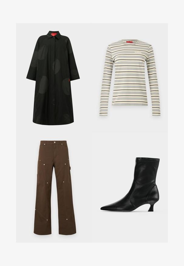 Long manteau noir avec de grands pois sombres subtils, manches larges, fermeture avant dissimulée et col, avec une étiquette intérieure rouge.; T-shirt à manches longues avec col rond, rayures horizontales beige, grises, noires et jaunes, et petit logo blanc "MAX&Co." sur la poitrine.; Pantalon droit marron avec poches avant et latérales, rivets argentés, passants de ceinture et fermeture par bouton sur fond blanc.; Botte mi-mollet en cuir noir avec bout pointu et petit talon kitten, vue de profil sur un fond clair uni.