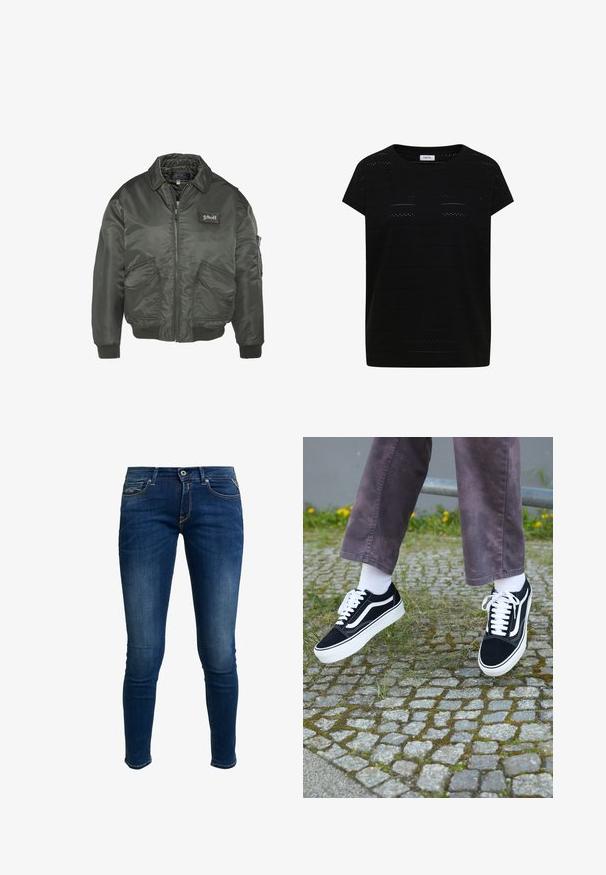 Veste bomber vert foncé avec une fermeture éclair sur le devant, des poignets côtelés et deux poches avant. Présente un patch logo sur la poitrine. Tissu lisse et brillant.; Haut en maille noir à manches courtes avec de petites rayures horizontales perforées et un col rond avec une étiquette "Cecil" sur le col intérieur.; Jeans skinny-fit en denim bleu foncé, présentant un design classique à cinq poches, une taille mi-haute et des coutures jaunes contrastantes.; Baskets en suède noir avec des accents blancs, présentant un bout rond, une semelle blanche épaisse et un design classique à lacets, portées avec des chaussettes blanches et un pantalon violet.