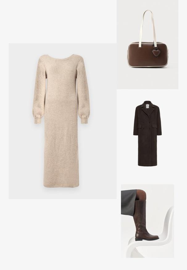 Karen by Simonsen KBADDISON - Abrigo clásico - brown; Largo vestido de punto beige con escote redondo, mangas largas abullonadas y silueta recta, con puños acanalados en los extremos de las mangas.; Bota de cuero marrón hasta la rodilla con punta redondeada, textura suave y detalles de costura mínimos, situada sobre un fondo claro en una silla blanca.; Bolso de mano marrón de cuero sintético con ribete blanco, forma rectangular, asas cortas y etiqueta decorativa en forma de corazón adjunta.