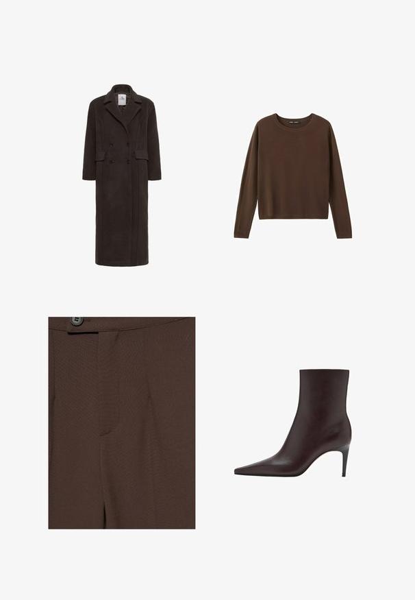 Karen by Simonsen KBADDISON - Klassisk frakke - brown; Brun langærmet trøje med rund hals, med et enkelt, ensfarvet design og ribstrikket halsudskæring, ærmekanter og kant forneden.; Nærbillede af mørkebrune skræddersyede bukser med en knap og linning synlig øverst.; Brun læder ankelstøvle med spids tå, slank skafter og en tynd, høj hæl. Glat tekstur, minimalistisk design, ingen synlig hardware.