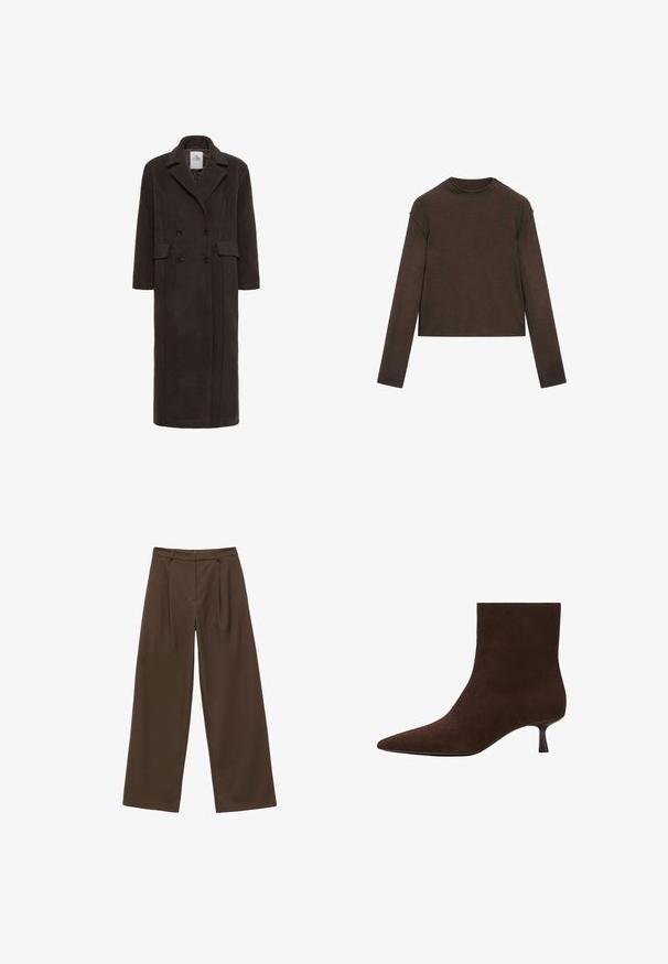 Karen by Simonsen KBADDISON - Klassisk frakke - brown; Mørkebrun langærmet trøje med rund hals, let cropped pasform og enkel, sømløs design.; Brune brede bukser med en glat tekstur, der har frynser foran, høj talje og et klassisk design, der er velegnet til forskellige anledninger.; Brun ruskindsankelstøvle med spids tå og en slank lav hæl. Glat overflade, sømløst design og diskret silhuet.