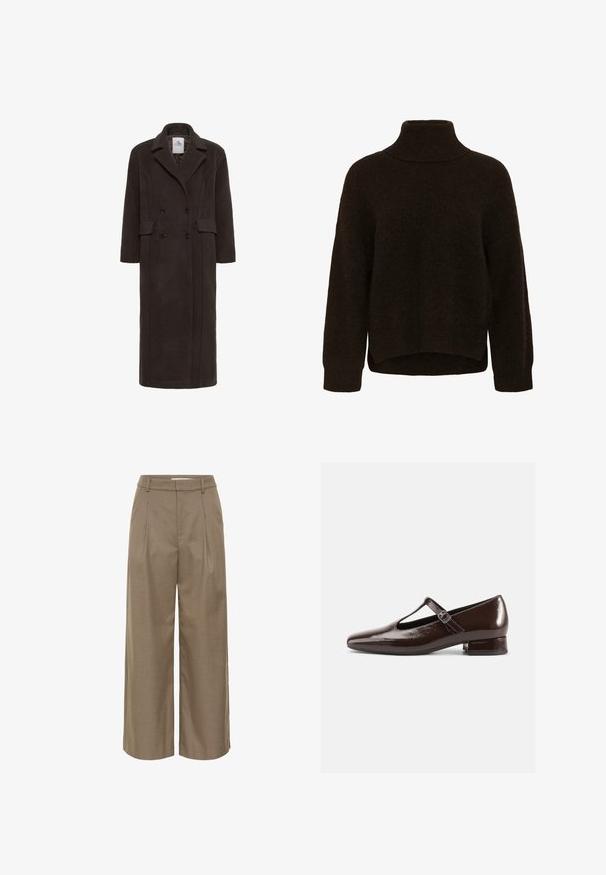 Karen by Simonsen KBADDISON - Klassisk frakke - brown; Mørkebrunt strikket rullekravesweater med lange ærmer, ribben manchetter og en let buet kant, der er længere bagpå.; Beige bukser med vide ben, bæltestropper, forreste folder og høj talje.; Brune Mary Jane-sko i laklæder med en rundet tå, udskæringsdesign og justerbar rem. Lav blokhæl.