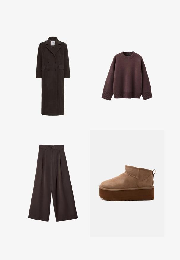 Karen by Simonsen KBADDISON - Klassisk frakke - brown; Løs pasform sweater i mørk bordeaux, lavet af blødt strikket stof. Har en ribstrikket rund hals, vide ærmer og en ribstrikket kant.; Bukser med vidde i mørkebrun stof, med plisseringer, knaplukning og en glat tekstur; ankel-længde med et skræddersyet design.; Mellemstore brune ruskind slip-on støvler med tyk platformsål og trækflig bagpå mod lys baggrund.