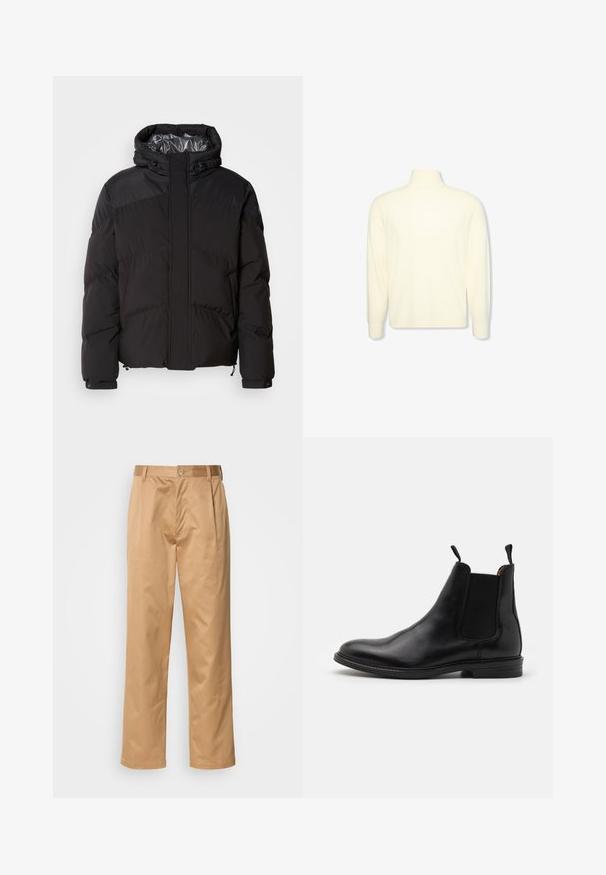 Doudoune noire avec capuche, coutures horizontales et doublure intérieure brillante. Comprend des cordons de serrage à l'ourlet et aux poignets pour un ajustement.; Pull col roulé crème à manches longues avec des poignets côtelés et un logo discret sur la poitrine, présenté sur un fond blanc uni.; Pantalons khaki, en mélange de coton, coupe droite, plis avant, passants de ceinture et fermeture à bouton. Texture lisse sans motifs.; Botte Chelsea en cuir noir avec panneaux élastiques sur les côtés, bout arrondi, anses et talon bas empilé. Texture lisse et design classique.