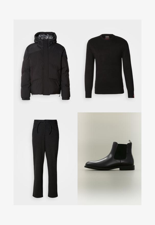 Schwarze Steppjacke mit Kapuze, horizontalen Nähten und glänzendem Innenfutter. Mit Kordelzügen am Saum und an den Manschetten zur Anpassung.; Scotch & Soda REGULAR FIT CREW NECK - Strickpullover - meteorite; Schwarze Strickhose mit einem Kordelzugbund, geradem Bein und Seitentaschen. Weiche Textur mit glatter Oberfläche.; Schwarzer Chelsea-Lederstiefel mit elastischen Seiteneinsätzen und einem Zuglasche auf neutralem Hintergrund, seitlich gezeigt.