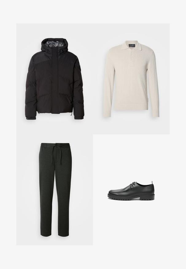 Sort pufferjakke med hætte, horisontale syninger og en blank inderside. Indeholder snoretræk ved kanten og ærmerne til justering.; Lys beige langærmet polo sweater i blødt strik med struktureret overflade, der har klassisk krave og tre-knaps lukning.; Mørkegrå sweatpants lavet af en blød bomuldsblanding. Har elastisk talje med snor og sidelommer. Lige ben-design.; Sorte lædersko med en glat overflade, rund tå og dekorativ stikning. Har en gummisål med skridsikre spor og snørebåndsdesign.