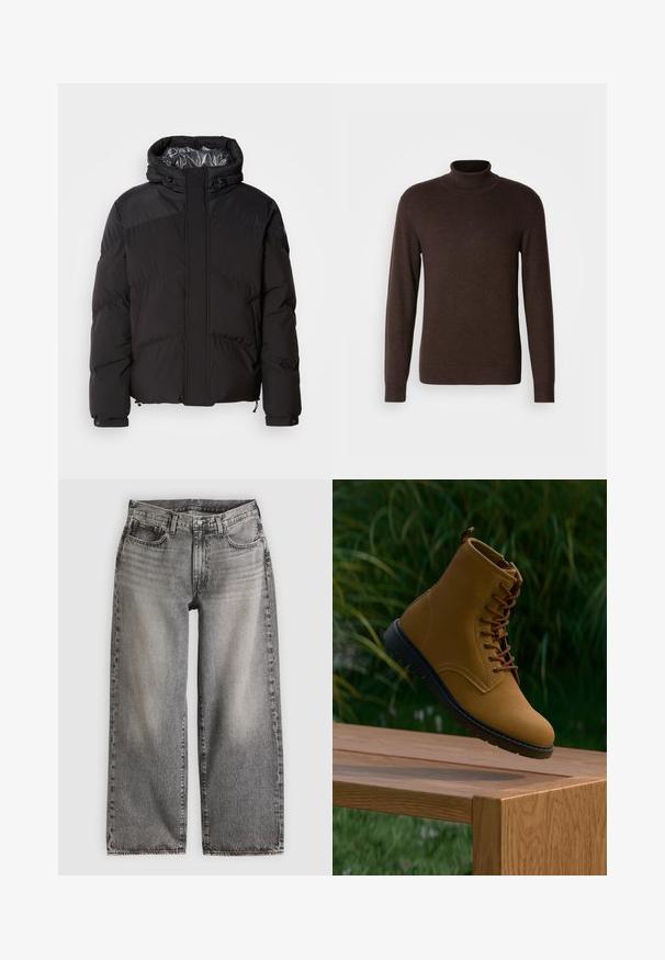 Schwarze Steppjacke mit Kapuze, horizontalen Nähten und glänzendem Innenfutter. Mit Kordelzügen am Saum und an den Manschetten zur Anpassung.; Brauner Rollkragenpullover aus weichem Material, mit langen Ärmeln und einem gerippten Kragen. Glatte Textur mit taillierter Passform.; Weit geschnittene Jeans aus verwaschenem schwarzem Denim, mit hoher Taille, fünf Taschen und dezenten Nahtdetails entlang der Nähte.; Braune Wildleder-Ankle-Boots mit braunen Schnürsenkeln, einer schwarzen Gummisohle und einer glatten Oberfläche, auf einer Holzfläche vor grüner Pflanzenkulisse präsentiert.
