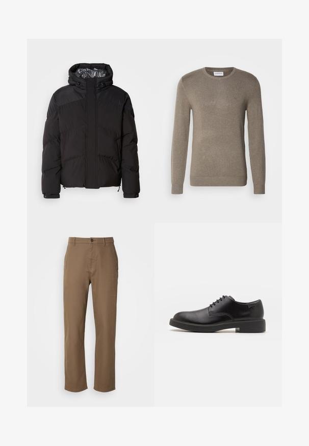 Sort pufferjakke med hætte, horisontale syninger og en blank inderside. Indeholder snoretræk ved kanten og ærmerne til justering.; Khaki-farvet sweater lavet af blødt strikkemateriale, med rund halsudskæring, lange ærmer og en diskret broderet logo på brystet.; Brune bomuldsbukser med lige pasform, knaplukning og sidelommer. Har en glat overflade og et enkelt, udekoreret design.; Sorte læder snørestøvle med rund tå, glat tekstur, minimal syning og lav gummihæl. Logo på hælen.