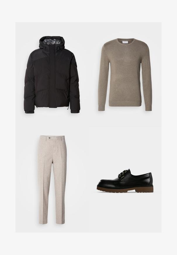 Schwarze Steppjacke mit Kapuze, horizontalen Nähten und glänzendem Innenfutter. Mit Kordelzügen am Saum und an den Manschetten zur Anpassung.; Khakifarbener Pullover aus weichem Strickmaterial, mit runder Halsausschnit, langen Ärmeln und dezentem, gesticktem Logo auf der Brust.; Hellebeige Wollhosen mit glatter Textur, geradem Schnitt, Vorderfalten und einem einzigen Knopfverschluss am Bund.; Schwarzer flacher Lederschuh mit dicker brauner profilierter Sohle, Schnürung vorne und goldenem "Hugo"-Logo an der Seitenpartie.