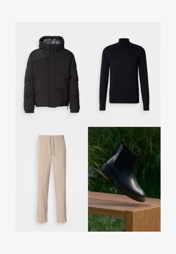 Schwarze Steppjacke mit Kapuze, horizontalen Nähten und glänzendem Innenfutter. Mit Kordelzügen am Saum und an den Manschetten zur Anpassung.; Schwarzer Rollkragenpullover aus weichem Stoff. Mit langen Ärmeln, geripptem Kragen und Bündchen, hat eine glatte Textur und keine Muster.; Beige, locker sitzende Hosen aus weichem Stoff, mit einem elastischen Bund und Kordelzug sowie geraden Beinen mit minimalen Akzenten.; Schwarze Leder-Stiefelette mit elastischen Seitenpaneelen, schwebend über einer hölzernen Bank, mit grünem Laub im Hintergrund.