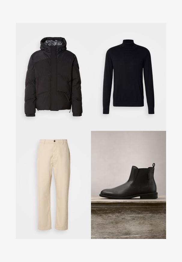 Schwarze Steppjacke mit Kapuze, horizontalen Nähten und glänzendem Innenfutter. Mit Kordelzügen am Saum und an den Manschetten zur Anpassung.; Schwarzer Rollkragenpullover aus weichem Stoff. Mit langen Ärmeln, geripptem Kragen und Bündchen, hat eine glatte Textur und keine Muster.; Beige Baumwollhosen mit geraden Beinen, einem Knopfverschluss vorne, Seitentaschen und einer glatten Textur. Minimalistisches Design, ohne sichtbare Muster.; Schwarze Leder-Stiefelette mit glatter Textur, gerundetem Zehenbereich, elastischen seitlichen Einsätzen und einer Zuglasche, auf einer Holzoberfläche platziert.