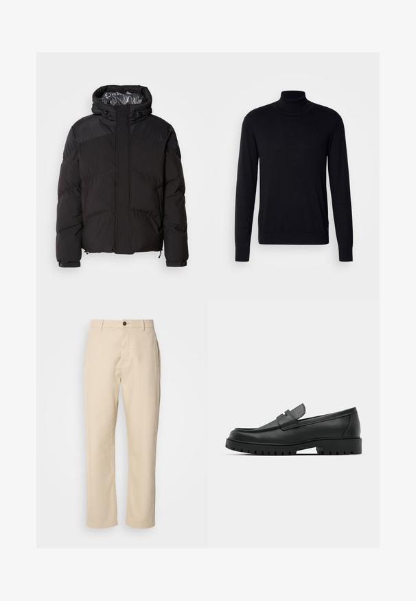 Schwarze Steppjacke mit Kapuze, horizontalen Nähten und glänzendem Innenfutter. Mit Kordelzügen am Saum und an den Manschetten zur Anpassung.; Schwarzer Rollkragenpullover aus weichem Stoff. Mit langen Ärmeln, geripptem Kragen und Bündchen, hat eine glatte Textur und keine Muster.; Beige Baumwollhosen mit geraden Beinen, einem Knopfverschluss vorne, Seitentaschen und einer glatten Textur. Minimalistisches Design, ohne sichtbare Muster.; Schwarze Lederloafer mit runder Zehenform, ausgestattet mit einem gesteppten Design, niedrigem Plattformsohle und einer strukturierten, genoppten Gummisohle.