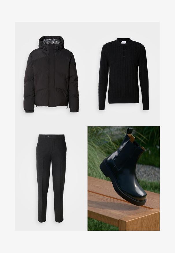 Sort pufferjakke med hætte, horisontale syninger og en blank inderside. Indeholder snoretræk ved kanten og ærmerne til justering.; Sort strikket sweater med kabelmønster, lange ærmer og polo krave. Har tre frontknapper samt ribbede manchetter og kant.; Lindbergh Bukser - black melange; Sorte læder chelsea støvle med glat finish, elastiske sidepaneler, rund tå og tyk gummisål, placeret ovenfor en træoverflade.