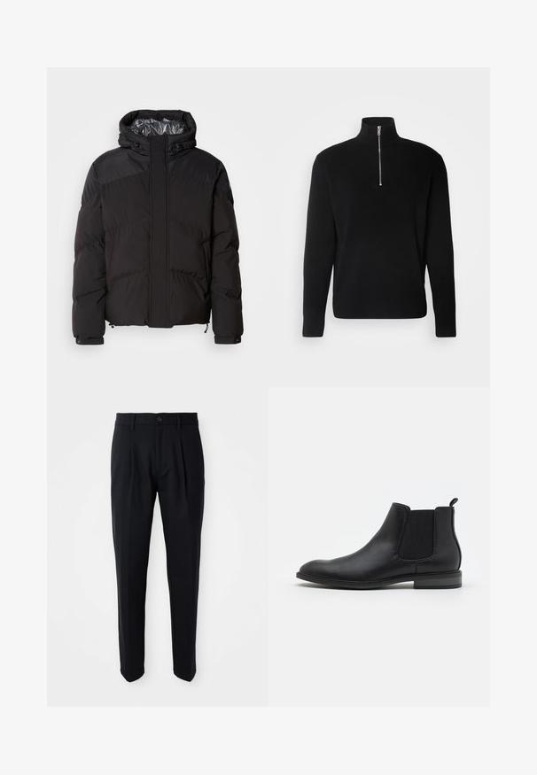 Schwarze Steppjacke mit Kapuze, horizontalen Nähten und glänzendem Innenfutter. Mit Kordelzügen am Saum und an den Manschetten zur Anpassung.; Lindbergh HALF ZIP RIB KNIT - Strickpullover - black; Schwarze, maßgeschneiderte Hose mit vorderen Falten, Knopfverschluss und Gürtelschlaufen, vor einem weißen Hintergrund präsentiert.; Schwarze Leder-Chelsea-Stiefel mit elastischen Seitenpaneelen, runder Zehenform und Zugschlaufe, ausgestattet mit einem niedrigen Blockabsatz und glatter Textur.