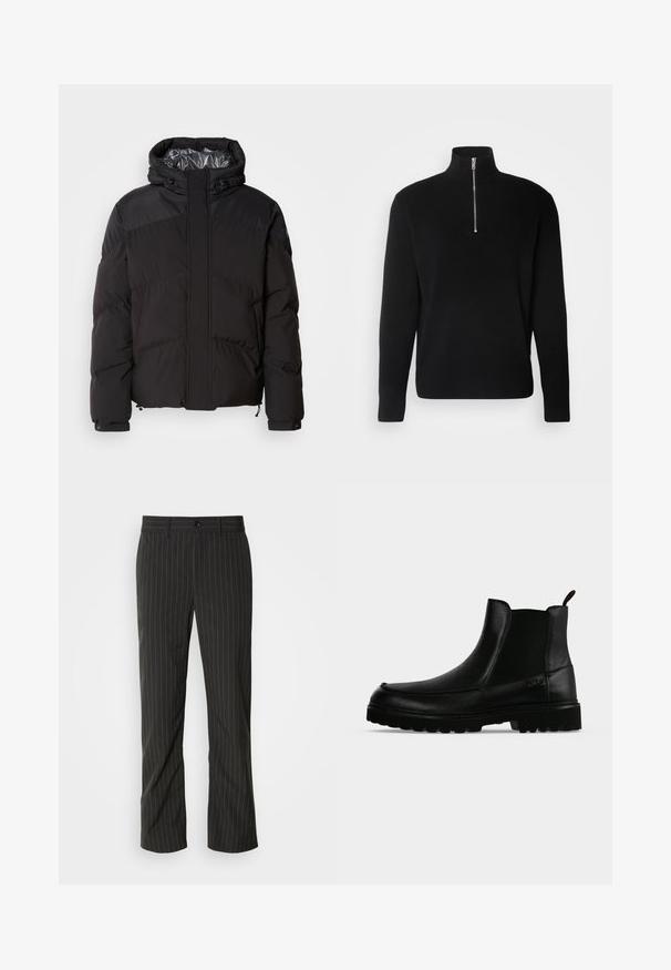 Schwarze Steppjacke mit Kapuze, horizontalen Nähten und glänzendem Innenfutter. Mit Kordelzügen am Saum und an den Manschetten zur Anpassung.; Lindbergh HALF ZIP RIB KNIT - Strickpullover - black; Schwarze, gestreifte Stoffhose mit geradem Schnitt. Sie hat eine glatte Textur, einen Frontknopfverschluss und Gürtelschlaufen.; Schwarzer Lederknöchelstiefel mit strukturierter Sohle, elastischen Seitenteilen und Zuglasche vor einem hellgrauen Hintergrund.