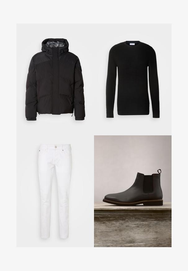 Schwarze Steppjacke mit Kapuze, horizontalen Nähten und glänzendem Innenfutter. Mit Kordelzügen am Saum und an den Manschetten zur Anpassung.; Schwarzer Pullover mit langen Ärmeln, gerippter Textur, rundem Ausschnitt und eng anliegenden Bündchen. Hergestellt aus einem weichen, dehnbaren Material.; Weiße Denim-Jeans mit schlankem Schnitt, die ein klassisches Fünf-Taschen-Design, einen Knopfverschluss und dezente Nähdetails aufweisen.; Schwarze Leder Chelsea-Stiefel mit elastischen Seiteneinsätzen und runder Zehenform, ausgestattet mit einer strukturierten Sohle und subtilen Steppnähten, erhöht über einer Holzoberfläche.