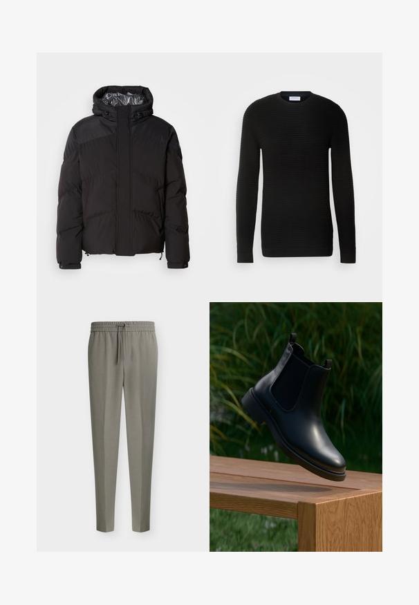 Schwarze Steppjacke mit Kapuze, horizontalen Nähten und glänzendem Innenfutter. Mit Kordelzügen am Saum und an den Manschetten zur Anpassung.; Schwarzer Pullover mit langen Ärmeln, gerippter Textur, rundem Ausschnitt und eng anliegenden Bündchen. Hergestellt aus einem weichen, dehnbaren Material.; Hellgraue Herren-Anzugshosen mit schmal zulaufenden Beinen und einem elastischen Bund mit vorderem Kordelzug.; Schwarze Leder-Stiefelette mit elastischen Seitenpaneelen, schwebend über einer hölzernen Bank, mit grünem Laub im Hintergrund.
