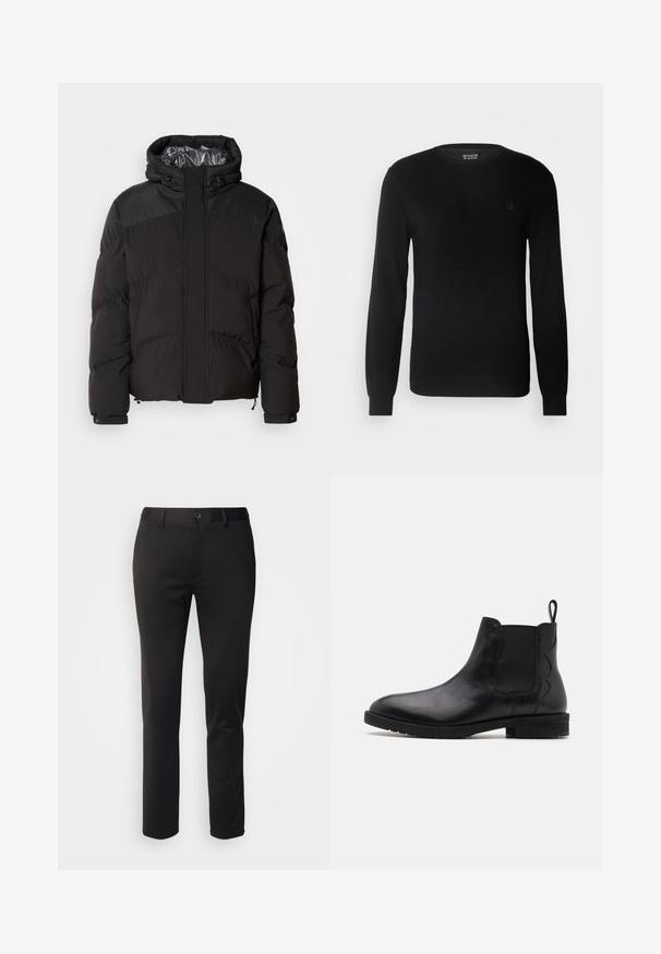 Schwarze Steppjacke mit Kapuze, horizontalen Nähten und glänzendem Innenfutter. Mit Kordelzügen am Saum und an den Manschetten zur Anpassung.; Schwarzer Strickpullover mit Rundhalsausschnitt, langen Ärmeln und kleinem gesticktem Logo auf der Brust. Weicher Griff und taillierte Passform.; Schwarze Hose aus glattem Stoff mit geradem Bein, Frontknopfverschluss und Gürtelschlaufen, auf einem weißen Hintergrund dargestellt.; Schwarze Leder-Chelsea-Stiefel mit elastischen Seitenteilen, runder Zehenpartie und einem niedrigen Blockabsatz. Mit einer Zuglasche hinten für einfaches Anziehen.