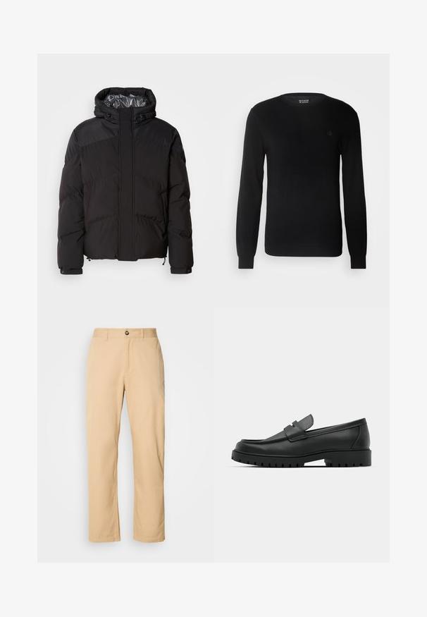 Schwarze Steppjacke mit Kapuze, horizontalen Nähten und glänzendem Innenfutter. Mit Kordelzügen am Saum und an den Manschetten zur Anpassung.; Schwarzer Strickpullover mit Rundhalsausschnitt, langen Ärmeln und kleinem gesticktem Logo auf der Brust. Weicher Griff und taillierte Passform.; Khaki Baumwollhosen mit geradem Beinschnitt, ausgestattet mit einem vorderen Knopfverschluss und Gürtelschlaufen. Glatte Textur und einfarbige Oberfläche.; Schwarze Lederloafer mit runder Zehenform, ausgestattet mit einem gesteppten Design, niedrigem Plattformsohle und einer strukturierten, genoppten Gummisohle.