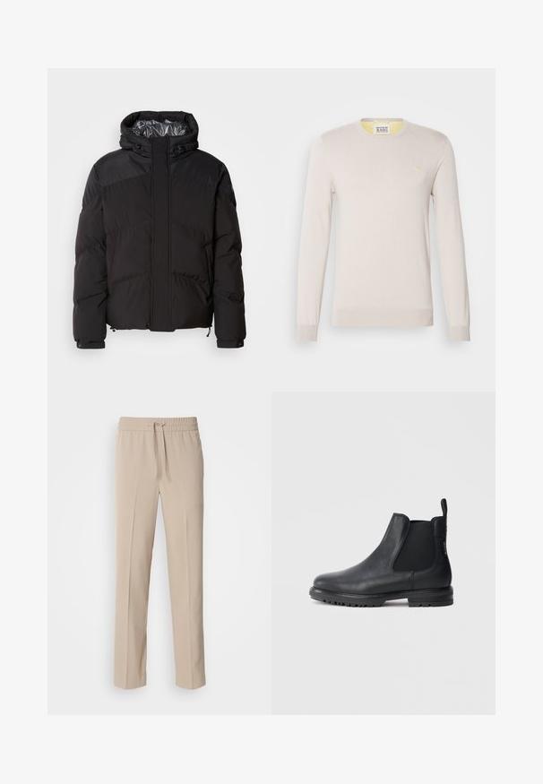 Sort pufferjakke med hætte, horisontale syninger og en blank inderside. Indeholder snoretræk ved kanten og ærmerne til justering.; Lys beige strikket sweater med lange ærmer, rund halsudskæring og subtile ribbede manchetter. Har et lille guld logo på brystet.; Beige, afslappede bukser lavet af blødt materiale, med elastisk talje og snøre samt lige ben med minimale detaljer.; Sorte læder Chelsea-støvler med elastiske sidestrimler, rundet tå og struktureret gummisål. Bageste træktab gør dem nemme at tage på.