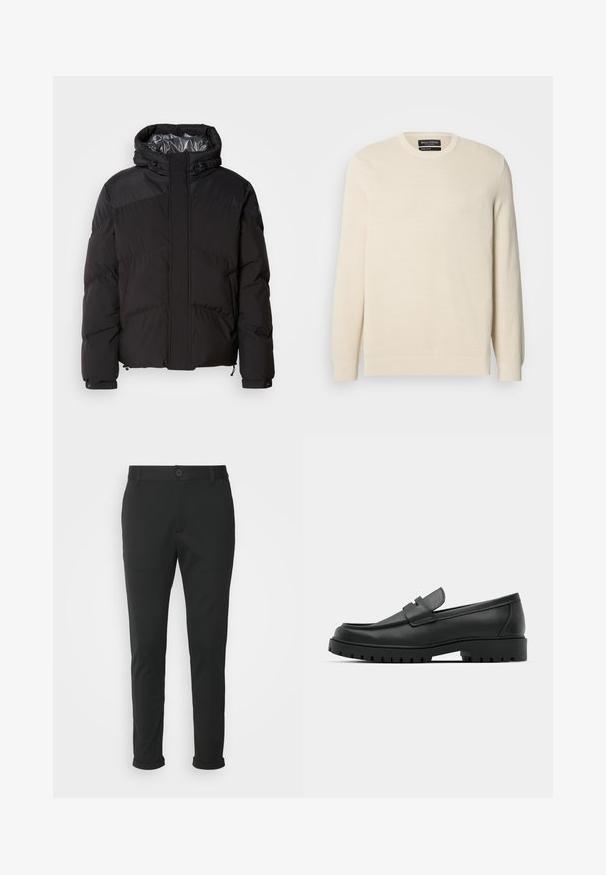 Schwarze Steppjacke mit Kapuze, horizontalen Nähten und glänzendem Innenfutter. Mit Kordelzügen am Saum und an den Manschetten zur Anpassung.; Hellbeiger gestrickter Pullover mit Rundhalsausschnitt, langen Ärmeln und einem dezenten strukturierten Muster. Verfügt über ein Brustemblem und einen gerippten Saum.; Schwarze Hose aus einem glatten Stoff mit geradem Schnitt. Besitzt einen einzelnen Knopfverschluss und umgeschlagene Bündchen.; Schwarze Lederloafer mit runder Zehenform, ausgestattet mit einem gesteppten Design, niedrigem Plattformsohle und einer strukturierten, genoppten Gummisohle.