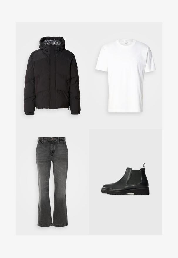Schwarze Steppjacke mit Kapuze, horizontalen Nähten und glänzendem Innenfutter. Mit Kordelzügen am Saum und an den Manschetten zur Anpassung.; Weißes Baumwoll-T-Shirt mit Rundhalsausschnitt und kurzen Ärmeln. Verfügt über ein dezentes Logo-Detail auf der Vorderseite. Weiche Textur, lässige Passform.; Graue Schlagjeans aus Denim, ausgestattet mit einem klassischen Fünf-Taschen-Design, einem Knopfverschluss und einer dezenten, ausgebleichten Textur.; Schwarze Leder Chelsea-Stiefel mit elastischem Seitenpanel, runder Zehenpartie, strukturiertem Sohlenprofil und kleiner Zuglasche an der Ferse.