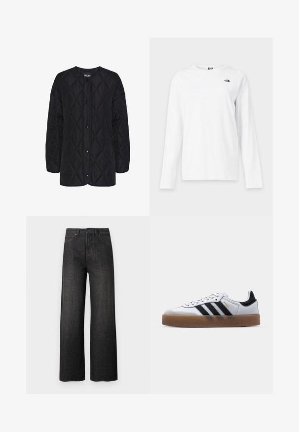 Veste noire matelassée à manches longues avec boutons-pression et motif de couture en losange, sans col, marque Pieces.; T-shirt blanc à manches longues avec col rond et petit logo noir The North Face sur le côté gauche de la poitrine.; Jean noir taille haute à jambes larges avec poches avant, fermeture à boutons et passants pour ceinture sur un fond clair uni.; Baskets en cuir blanc avec des rayures noires, semelle extérieure en caoutchouc beige, bout rond, fermeture lacée et embout en suède gris doux.