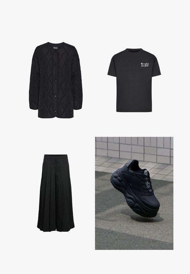 Sort quiltet jakke med rund halsudskæring, frontknaplukninger og diamantmønstret tekstur. Korte ærmer og afslappet pasform.; Sort bomulds T-shirt med rund hals. Har hvid tekst, inklusive japanske tegn og "Slurp Away," på venstre brystområde.; Sorte bukser med vidde i benene, frontplisseringer og høj talje, lavet af glat stof, vist på en hvid baggrund.; Sorte klodset sneakers med en glat læderoverdel, hævet sål med bølgende mønstre og snørebånd for en sikker pasform. Branding på tungen.