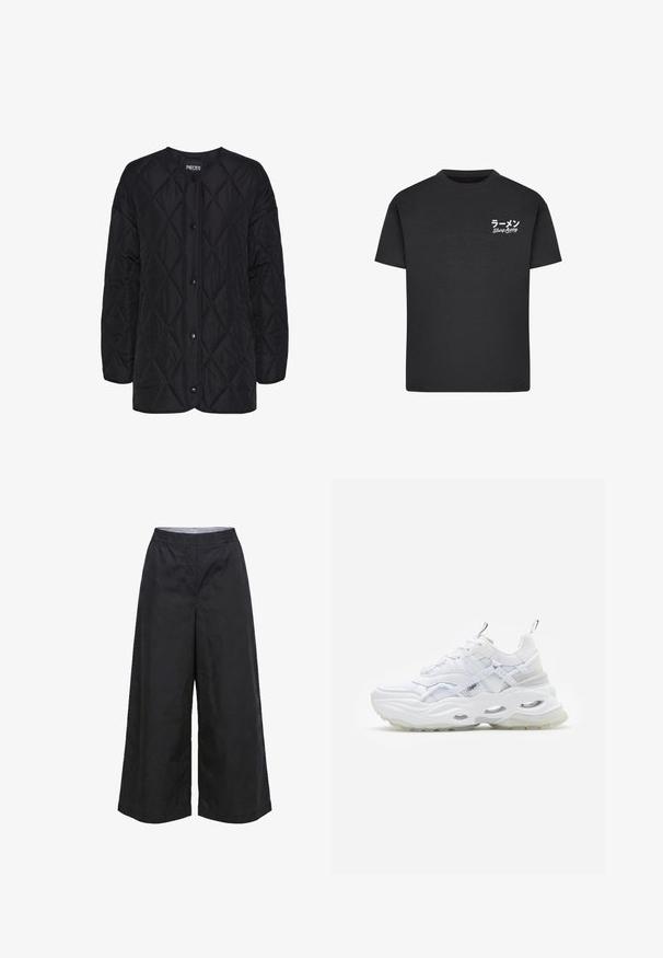 Schwarze gesteppte Jacke mit rundem Ausschnitt, vorderen Druckknopfverschlüssen und einem Rautenmuster. Kurze Ärmel und lockere Passform.; Schwarzes Baumwoll-T-Shirt mit Rundhalsausschnitt. Mit weißem Text, einschließlich japanischer Schriftzeichen und "Slurp Away", auf der linken Brustseite.; Schwarze Hose mit weitem Bein, elastischem Bund und mittlerer Passform, aus leichtem Stoff, geeignet für den Freizeitgebrauch.; Weißer Sneaker mit dickem Profil, geschichtetem Mesh- und Synthetik-Obermaterial, mit gemusterten Akzenten, Schnürsystem und Zuglasche.