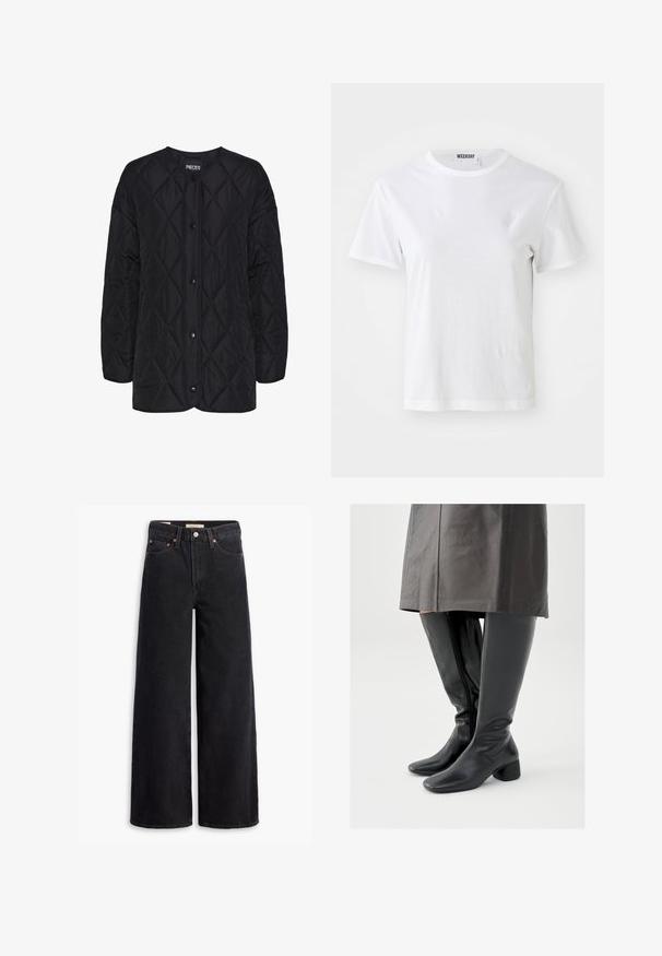 Sort quiltet jakke med rund halsudskæring, frontknaplukninger og diamantmønstret tekstur. Korte ærmer og afslappet pasform.; Hvid T-shirt med korte ærmer lavet af blødt stof. Har en rund halsudskæring og en lige pasform, med en label på den indre krave.; Sorte brede benjeans lavet af denim, med fem lommer, kobbernitter og en klassisk knaplukning. Glat tekstur med et rent design.; Knæhøje sorte læderstøvler med firkantet tå, skråt stillet blokhæl og en sidesyning; glat tekstur og tætsiddende design.