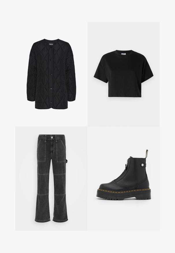 Schwarze gesteppte Jacke mit rundem Ausschnitt, vorderen Druckknopfverschlüssen und einem Rautenmuster. Kurze Ärmel und lockere Passform.; Schwarzes cropped T-Shirt mit kurzen Ärmeln, Rundhalsausschnitt, aus glattem Baumwollstoff, mit minimalistischem Design und dezenten Steppdetails.; BDG Urban Outfitters UTILITY SKATE - Jeans Relaxed Fit - washed black; Schwarze Knöchelboots aus glattem Leder, ausgestattet mit einem seitlichen Reißverschluss, gelben Nähten und einer dicken, geriffelten Gummisohle.