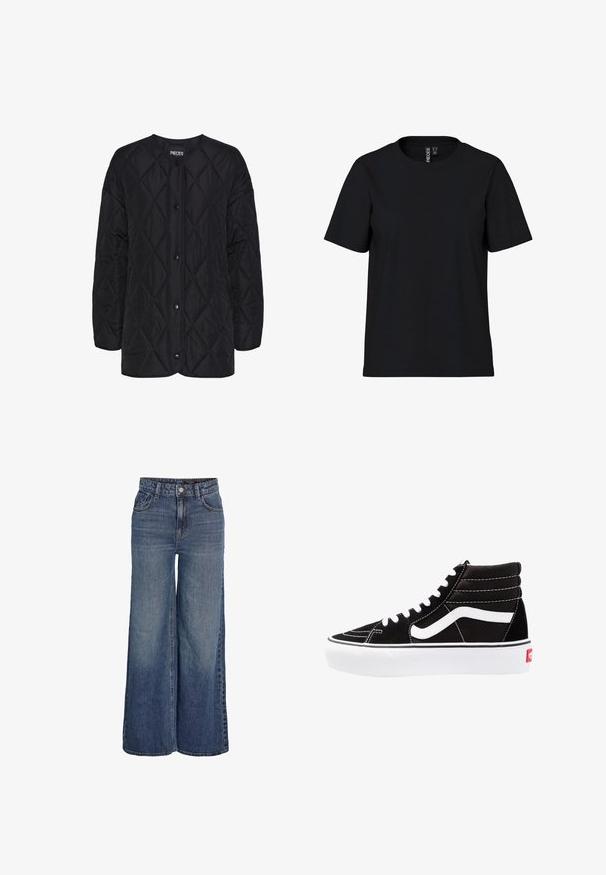 Sort quiltet jakke med rund halsudskæring, frontknaplukninger og diamantmønstret tekstur. Korte ærmer og afslappet pasform.; Sort kortærmet T-shirt lavet af blødt stof med rund hals. Simpelt design uden mønstre eller detaljer, lige snit i kanten.; Blå denimjeans med høj talje og vide ben, foran knapper, lynlås, bæltestropper og forlommer, vist på hvid baggrund.; Sorte høj-top sneakers med hvide snørebånd, et hvidt logo og kontrasterende hvid syning. Har en tyk hvid sål og struktureret ruskindsoverdel.