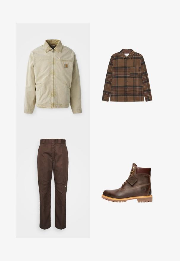 Veste beige avec une fermeture éclair à l'avant, col pointu, poche poitrine et deux poches latérales. Fabriquée dans un tissu texturé avec un léger éclat.; Chemise à carreaux marron en tissu doux, à manches longues, avec une fermeture à boutons, un col et une poche poitrine unique avec des rayures multicolores.; Pantalon marron à jambe droite avec une texture lisse. Présente des passants de ceinture, des coutures latérales et un petit logo de marque sur la jambe gauche.; Bottine en cuir marron avec un bout rond, une semelle robuste, des éléments en doré et un dessus texturé. Comprend une étiquette de logo attachée.