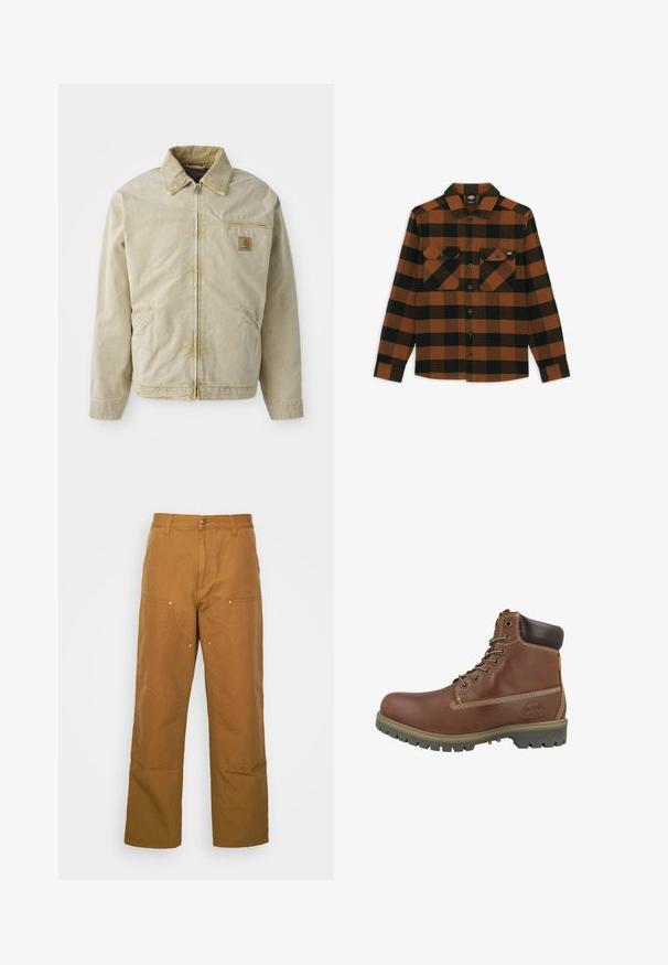 Veste beige avec une fermeture éclair à l'avant, col pointu, poche poitrine et deux poches latérales. Fabriquée dans un tissu texturé avec un léger éclat.; Chemise à manches longues en motif écossais orange et noir, fabriquée dans un tissu texturé. Comprend deux poches poitrine et une fermeture à boutons.; Pantalons utilitaires en coton marron avec une coupe droite, dotés de poches avant et d'accents en métal pour une durabilité accrue.; Bottine en cuir marron avec un bout rond, un col rembourré, des coutures blanches et une semelle en caoutchouc avec motif antidérapant.