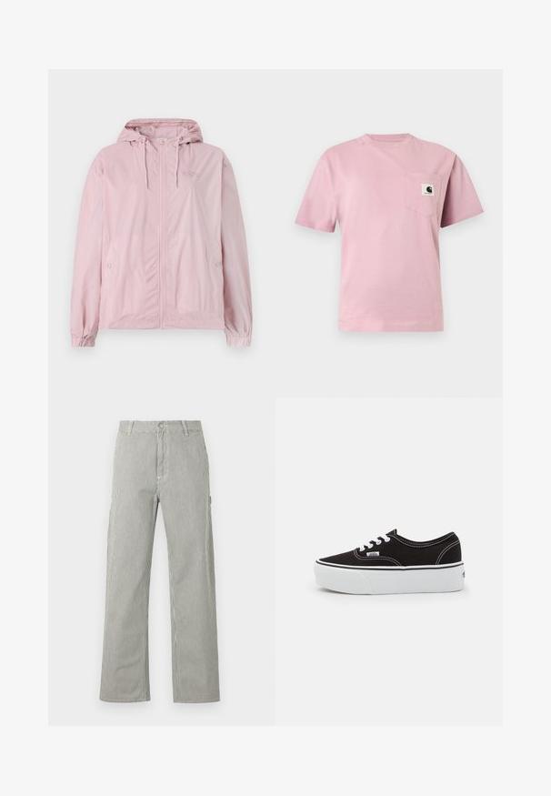 Veste coupe-vent rose pâle avec capuche, dotée d'une fermeture éclair à l'avant, de poignets élastiques et de poches latérales. Le matériau présente un léger motif à carreaux.; T-shirt rose clair à manches courtes avec une poche poitrine gauche présentant un petit patch logo Carhartt.; Pantalon droit pour homme avec fines rayures verticales noires et blanches, fermeture boutonnée, passants pour ceinture et poches latérales.; Baskets en toile noires avec une semelle en caoutchouc blanc, dotées de lacets et de coutures blanches, marquage emblématique sur le côté, design basse.