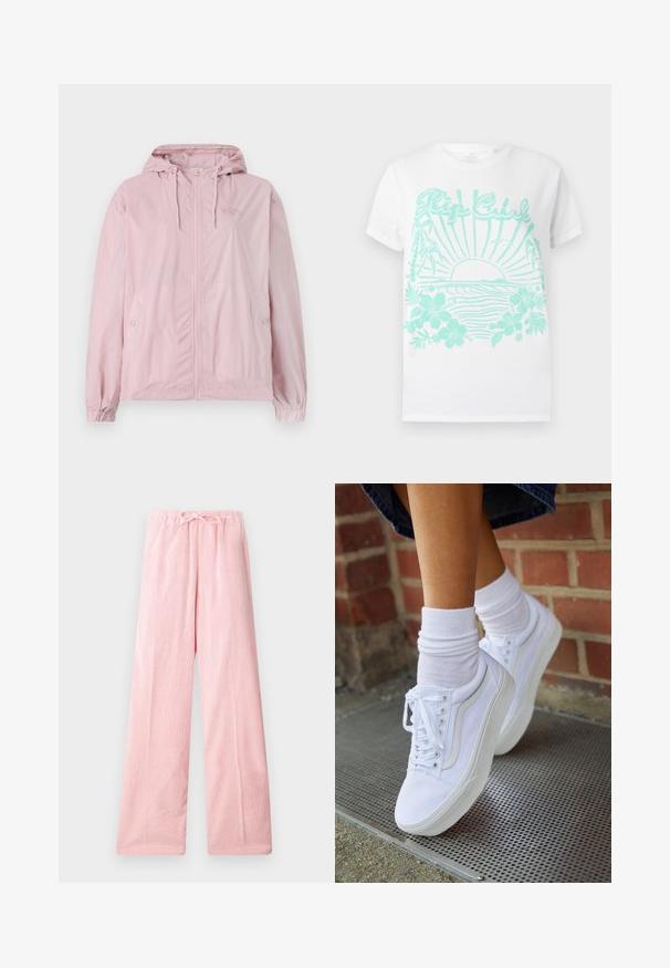 Veste coupe-vent rose pâle avec capuche, dotée d'une fermeture éclair à l'avant, de poignets élastiques et de poches latérales. Le matériau présente un léger motif à carreaux.; T-shirt blanche à manches courtes avec impression turquoise d'un soleil se couchant sur des vagues océaniques, des palmiers, des fleurs d'hibiscus et le texte "Rip Curl".; Pantalons large rose clair en tissu doux, dotés d'une taille élastique avec cordon de serrage pour un ajustement réglable et une texture subtile.; Baskets en toile blanches avec semelles en caoutchouc, dotées de six œillets, d'un bout rond et de détails de couture légers, portées avec des chaussettes blanches mi-mollet.