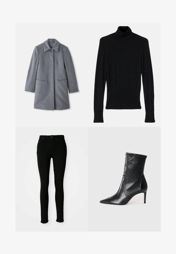 Grau wollener Mantel in mittellanger Form mit breitem Kragen, einem sichtbaren Knopf und zwei horizontalen vorderen Taschen, präsentiert auf einem weißen Hintergrund.; AERON TENDER LONG SLEEVED - Strickpullover - black; Schwarze enge Jeans aus Denim mit glatter Textur, ausgestattet mit einem Knopfverschluss, Gürtelschlaufen und ohne sichtbare Abnutzungsspuren.; Schwarze Stiefeletten aus glattem Leder, mit einer spitzen Zehe, schmalem Schaft und schlanker, hoher Ferse. Minimalistisches Design ohne sichtbare Beschläge.
