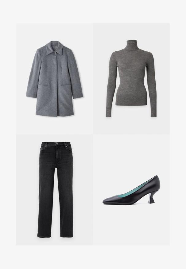 Grå uld midt-længde frakke med en bred krave, en synlig knap og to vandret frontlommer, præsenteret på en hvid baggrund.; Figursyet grå ribstrikket turtleneck trøje med høj krave og slank silhuet på en ensfarvet baggrund.; Sorte denim jeans med lige pasform. Har en knaplukning, fem-lomme design og minimale syninger. Glat tekstur.; Sort læder pumps med spids tå, lav unikt formet blokhæl og lyseblåt indre for, vist mod en ensfarvet hvid baggrund.