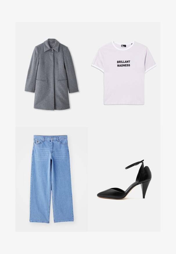 Abrigo de lana gris de longitud media con un amplio cuello, un solo botón visible y dos bolsillos frontales horizontales, exhibido sobre un fondo blanco.; Camiseta de algodón blanca con mangas cortas, cuello redondo y texto negro "BRILLANT MADNESS" en el frente, con un ribete negro en contraste.; Jeans de pierna ancha de color azul claro, confeccionados en denim, con un diseño clásico de cinco bolsillos y cierre de botón. Textura suave, dobladillo deshilachado.; Zapato negro de tacón alto con punta puntiaguda, correa en el tobillo y tacón cónico sobre fondo blanco.