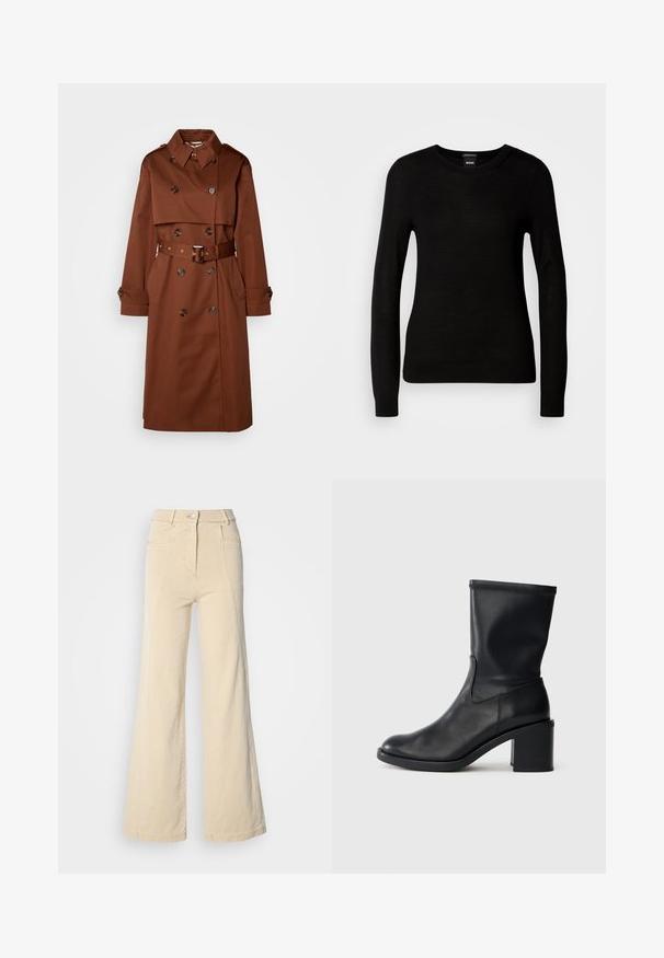 Manteau trench marron avec un design croisé, grand col, taille ceinturée et poignets à boutons. Fabriqué en tissu lisse, avec des poches latérales.; Pull noir en maille fine, avec un col rond et des manches longues à poignets ajustés. Pas de motifs ou d'ornements visibles.; Jeans beige à jambes larges avec taille haute, poches avant, et couture contrastée, dotés d'une fermeture à bouton et d'une texture en coton lisse.; Botte en cuir noir à cheville avec un bout rond, texture lisse et un talon épais, présentant un tige ajustée et un subtil détail de couture.