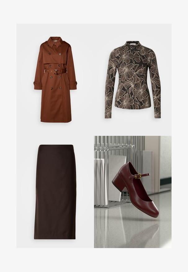 Manteau trench marron avec un design croisé, grand col, taille ceinturée et poignets à boutons. Fabriqué en tissu lisse, avec des poches latérales.; Chemise noire avec un motif floral crème. Manches longues, boutonnage devant et col structuré. Texture de tissu lisse.; Jupe crayon marron, de longueur genou, fabriquée en tissu lisse. Présente un design simple sans motifs ni embellissements visibles.; Chaussure Mary Jane en cuir rouge foncé avec talon carré et boucle dorée reposant sur une surface réfléchissante à côté d'un organiseur de fichiers en métal et blanc.