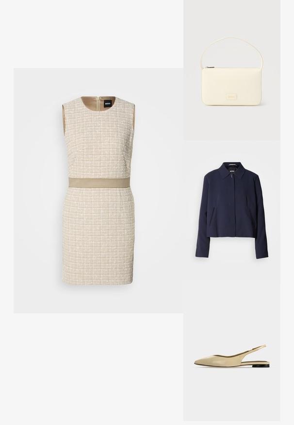 Veste courte bleu marine avec un col pointu, fermeture à boutons sur le devant, poches latérales et une finition en tissu lisse. Logo affiché à l'intérieur.; Robe tissée beige avec un motif texturé, design sans manches, encolure ronde et une ceinture assortie à la taille. Fermeture éclair dans le dos.; Chaussure plate beige à bout pointu avec bride arrière, petit talon noir et finition en cuir lisse, vue de côté sur un fond uni.; Sac à main rectangulaire de couleur crème avec une seule sangle et une fermeture éclair sur le dessus, comportant une petite plaque de logo embossé à l'avant.
